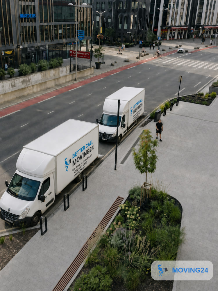Vaade ülevalt kahele Moving24 kaubikule Rotermanni kvartalis